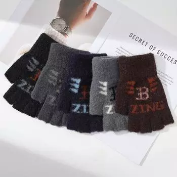 Осенне-зимние мужские вязаные теплые перчатки с полупальцами, шерстяные, полуобрезанные, без пальцев, красивые буквы для работы, жаккард One Size