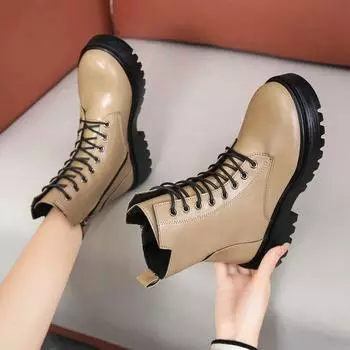 Осенне-зимние нескользящие женские ботинки на толстой платформе с круглым носком и прочной шнуровкой, классические модные туфли 35 чёрный