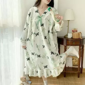 Осенне-зимние ночные рубашки и пижамы с принтом бабочек и кружевом, для молодых девушек, теплая фланелевая ночная рубашка с длинным рукавом, женская одежда для сна, повседневная свободная домашняя одежда M