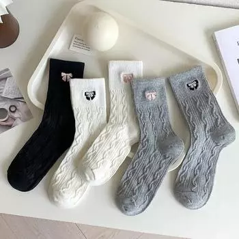 Осенне-зимние носки Kawaii с вышитым бантом, женские однотонные хлопковые длинные носки в корейском стиле, носки средней длины в уличном стиле Harajuku