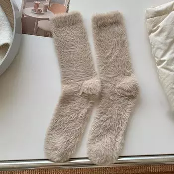 Осенне-зимние носки средней длины из искусственного норкового флиса, мужские однотонные мягкие плюшевые утолщенные теплые носки для сна для мужчин One Size