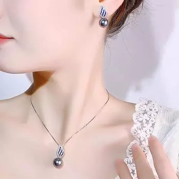 Осенне-зимние новинки ювелирных изделий из искусственного жемчуга, комплект из ожерелья, серег-гвоздиков, голубого циркония, платины, серого жемчуга