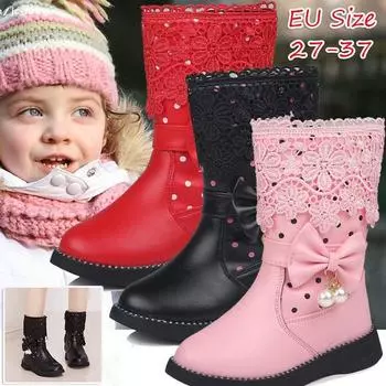 Осенне-зимние новые черные детские сапоги, сапоги для девочек, детская обувь с высоким галстуком-бабочкой, сапоги принцессы для девочек, обувь для больших детей 37 чёрный