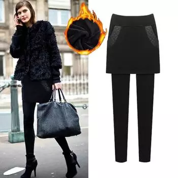 Осенне-зимние новые искусственные двухсекционные брюки с запахом на бедрах, юбка, облегающие теплые брюки с большой высокой талией M чёрный