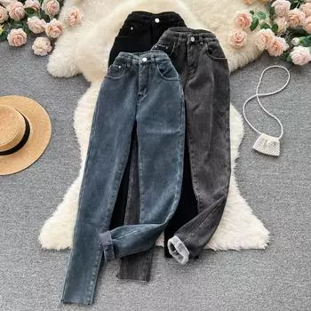 Осенне-зимние новые корейские бархатные прямые тонкие джинсы с высокой талией, маленькие женские джинсы