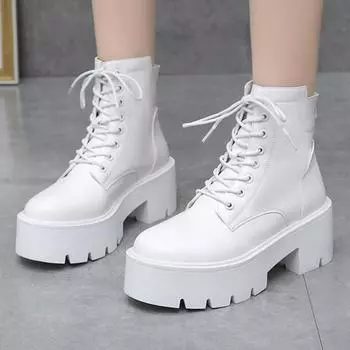 Осенне-зимние новые кожаные ботинки средней длины, женские новые белые ботинки на мягкой подошве, женские ботинки на толстой подошве со шнуровкой 35 белый