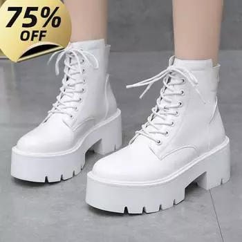 Осенне-зимние новые кожаные ботинки средней длины, женские новые белые ботинки на мягкой подошве, женские ботинки на толстой подошве со шнуровкой 35 белый