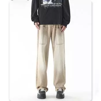 Осенне-зимние новые модные джинсы в стиле ретро, однотонные прямые свободные повседневные широкие брюки с широкими штанинами, мужские большие размеры 2XL коричневый