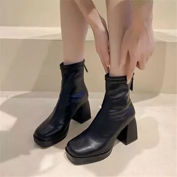 Осенне-зимние новые модные квадратные европейские и американские ретро туфли на высоком каблуке с толстой пяткой и молнией сзади 35 чёрный