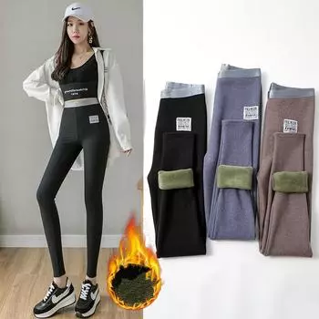 Осенне-зимние новые модные женские утолщенные плюшевые леггинсы, эластичные теплые брюки M чёрный