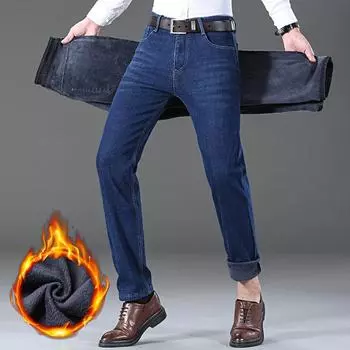 Осенне-зимние новые мужские брюки средней завышенной талии, свободные, эластичные и плюшевые, толстые, теплые, джинсовые, деловые, прямые, повседневные брюки 28 чёрный