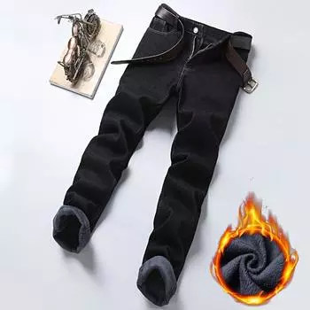 Осенне-зимние новые мужские брюки средней завышенной талии, свободные, эластичные и плюшевые, толстые, теплые, джинсовые, деловые, прямые, повседневные брюки 28 синий