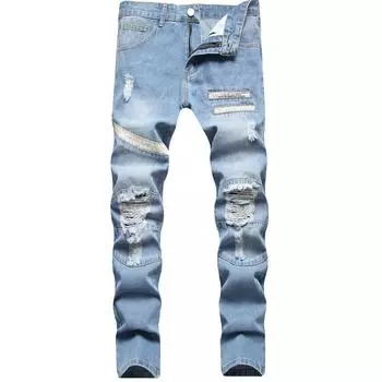 Осенне-зимние новые мужские европейские и американские джинсы светлого прямого покроя с перфорированными вставками и неэластичными брюками 28 светло-синий