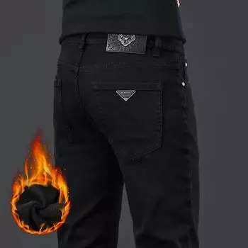 Осенне-зимние новые мужские плюшевые толстые/обычные черные джинсовые брюки высокого качества Slim Fit эластичные длинные брюки маленькой стопы 28 чёрный