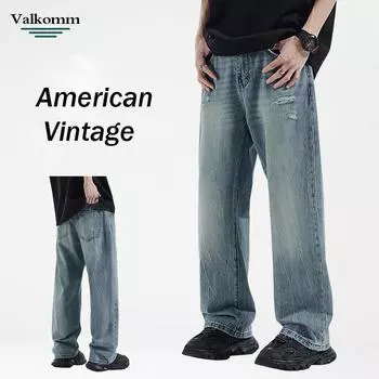 Осенне-зимние новые мужские ретро-стираемые прямые джинсы брюки Vibe удобные свободные брюки простые светло-голубые джинсы 28 лазурь
