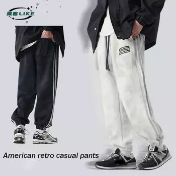 Осенне-зимние новые мужские спортивные штаны в американском стиле с обтягивающими штанинами, повседневные брюки высокого класса, свободные спортивные штаны на шнурке для мужчин M чёрный
