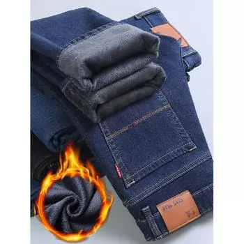 Осенне-зимние новые мужские универсальные плюшевые джинсовые толстые свободные прямые теплые брюки с высокой талией 28