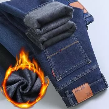 Осенне-зимние новые мужские универсальные плюшевые джинсовые толстые свободные прямые теплые брюки с высокой талией 28