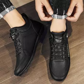 Осенне-зимние новые повседневные туфли средней высоты для мужчин, одна педаль для износостойких пробежек, кожаная поверхность, модная мужская обувь 39