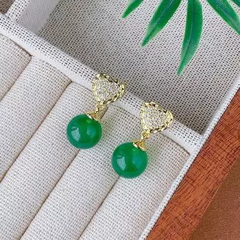 Осенне-зимние новые простые ретро-серьги-гвоздики S925 серебряные иглы зеленые халцедоновые бусины легкие роскошные высококачественные серьги женские