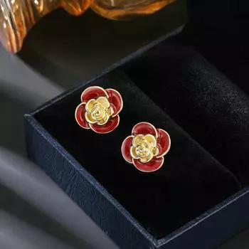 Осенне-зимние новые серебряные серьги-иглы 925 пробы, серьги-гвоздики с капающими масляными цветами, красные серьги-гвоздики с камелией Ankola