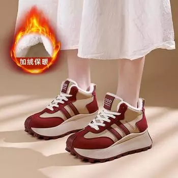 Осенне-зимние новые студенческие туфли на толстой подошве из бархата средней высоты, детские универсальные женские повседневные туфли 35 красный