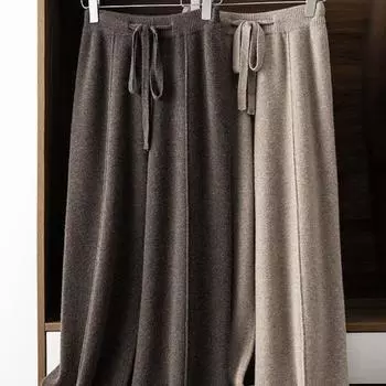 Осенне-зимние новые свободные шерстяные трикотажные брюки с высокой талией для женщин, прямые однотонные женские брюки One size белый