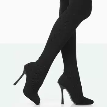 Осенне-зимние новые тонкие сапоги на высоком каблуке с рукавами из эластичной шерсти женские сапоги с квадратным носком женская обувь большого размера 36 чёрный