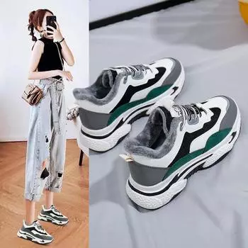 Осенне-зимние новые туфли для папы, женская корейская версия, износостойкая спортивная обувь с толстой подошвой и бархатная теплая студенческая повседневная обувь 35