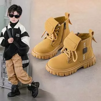 Осенне-зимние новые желтые ботинки для мальчиков. Модные универсальные детские короткие ботинки с мягкой подошвой. Теплые хлопковые ботинки. 26