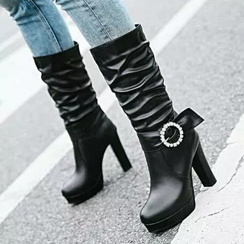 Осенне-зимние новые женские ботинки, длинные сапоги на высоком толстом каблуке, женская обувь большого размера на высокой трубке 35 чёрный