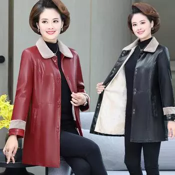 Осенне-зимние новые женские куртки среднего и пожилого возраста для мам, плюшевая и толстая ветровка большого размера, куртка из искусственной кожи средней длины XL