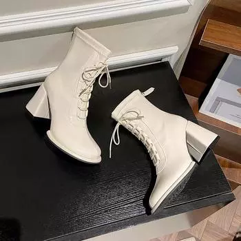 Осенне-зимние новые женские квадратные ботильоны на среднем каблуке с вязаными абрикосовыми узкими носками 35