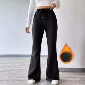 Осенне-зимние новые женские модные повседневные брюки-клеш с флисовой подкладкой, универсальные и удобные брюки широкого кроя S чёрный