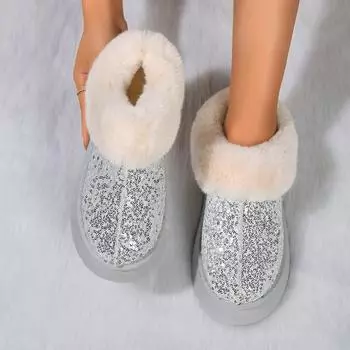 Осенне-зимние новые женские зимние ботинки больших размеров на толстой подошве из толстого плюша с верхом, расшитым блестками 36 чёрный