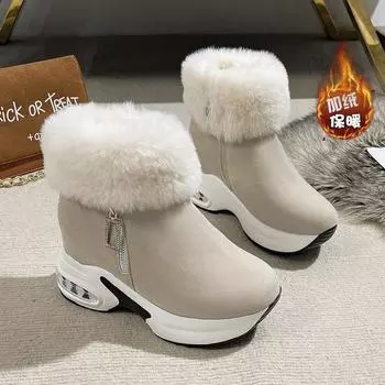 Осенне-зимние новые зимние ботинки на толстой подошве большого размера, модные теплые хлопковые ботинки средней толщины, однотонные, на танкетке, с воздушной подушкой, короткие ботинки 35