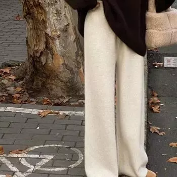 Осенне-зимние облегающие трикотажные широкие брюки женские элегантные однотонные прямые повседневные брюки женские элегантные винтажные модные женские брюки 25691 S темно-серого