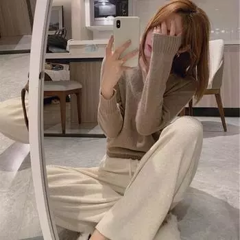 Осенне-зимние однотонные повседневные трикотажные широкие брюки женские модные прямые свободные женские брюки с высокой талией элегантные офисные женские брюки в пол 25693 S белый