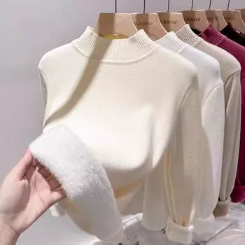 Осенне-зимние однотонные теплые свитера с высоким воротом и бархатной основой, модные повседневные женские пуловеры, свитера для женщин с длинным рукавом, флисовые плюшевые трикотажные изделия 25204 One Size белый