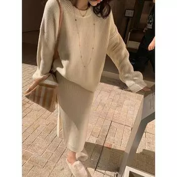 Осенне-зимние однотонные трикотажные юбки с длинным рукавом, модные элегантные повседневные комплекты из 2 юбок, женские облегающие винтажные юбки-свитера 25544 One Size темно-серого