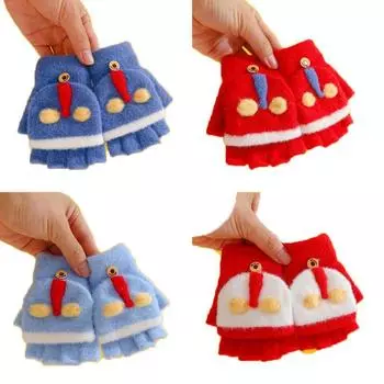 Осенне-зимние перчатки для школьников из искусственной норки с полупальцами, тисненые, плюшевые, утолщенные, в стиле Ультрамен, детские вязаные термостойкие перчатки