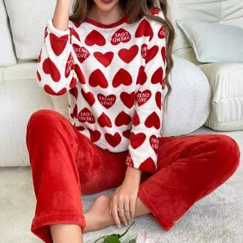 Осенне-зимние пижамные комплекты с красными сердечками для женщин, теплые утепленные пижамы, длинная пижама для девочек, домашняя одежда из кораллового флиса S красный