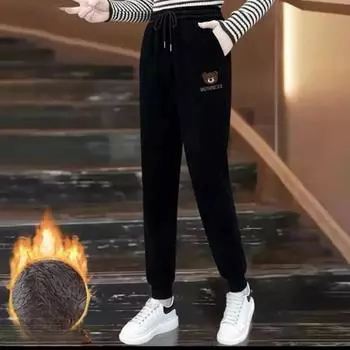 Осенне-зимние плотные брюки-джоггеры женские бархатные шаровары зимняя одежда повседневные утепленные брюки эластичные спортивные брюки с высокой талией S чёрный