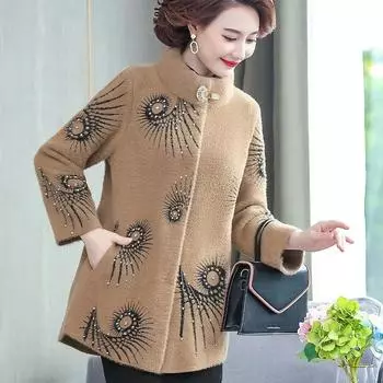 Осенне-зимние плотные куртки для мам, новое норковое бархатное пальто для пожилых женщин среднего возраста, мягкий кашемировый кардиган, верхняя одежда 4XL XL бежевый