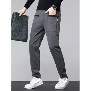 Осенне-зимние плюс плюшевые толстые/обычные хлопковые эластичные повседневные брюки мужские многокарманные рабочие брюки модные универсальные маленькие прямые брюки 28 чёрный