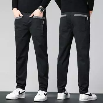 Осенне-зимние плюс плюшевые толстые/обычные хлопковые эластичные повседневные брюки мужские многокарманные рабочие брюки модные универсальные маленькие прямые брюки 28 чёрный