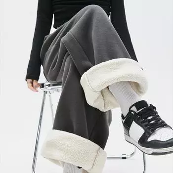 Осенне-зимние плюшевые флисовые теплые прямые широкие брюки женские элегантные однотонные свободные повседневные брюки женские модные простые женские брюки на шнурке 25714 S чёрный
