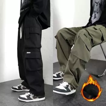 Осенне-зимние плюшевые и толстые прямые свободные мужские теплые брюки с несколькими карманами L чёрный
