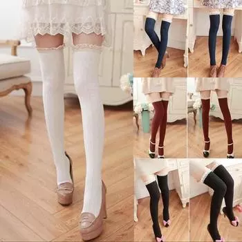 Осенне-зимние плюшевые кружевные чулки, модные хлопковые чулки выше колена one size чёрный