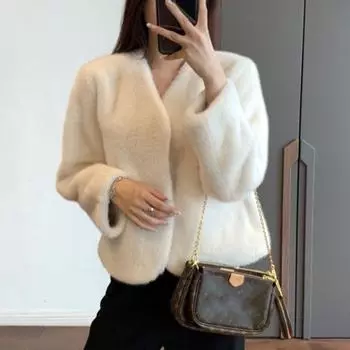 Осенне-зимние плюшевые куртки женские корейские свободные женские меховые куртки с v-образным вырезом верхняя одежда с длинными рукавами повседневное пальто для женщин S серый